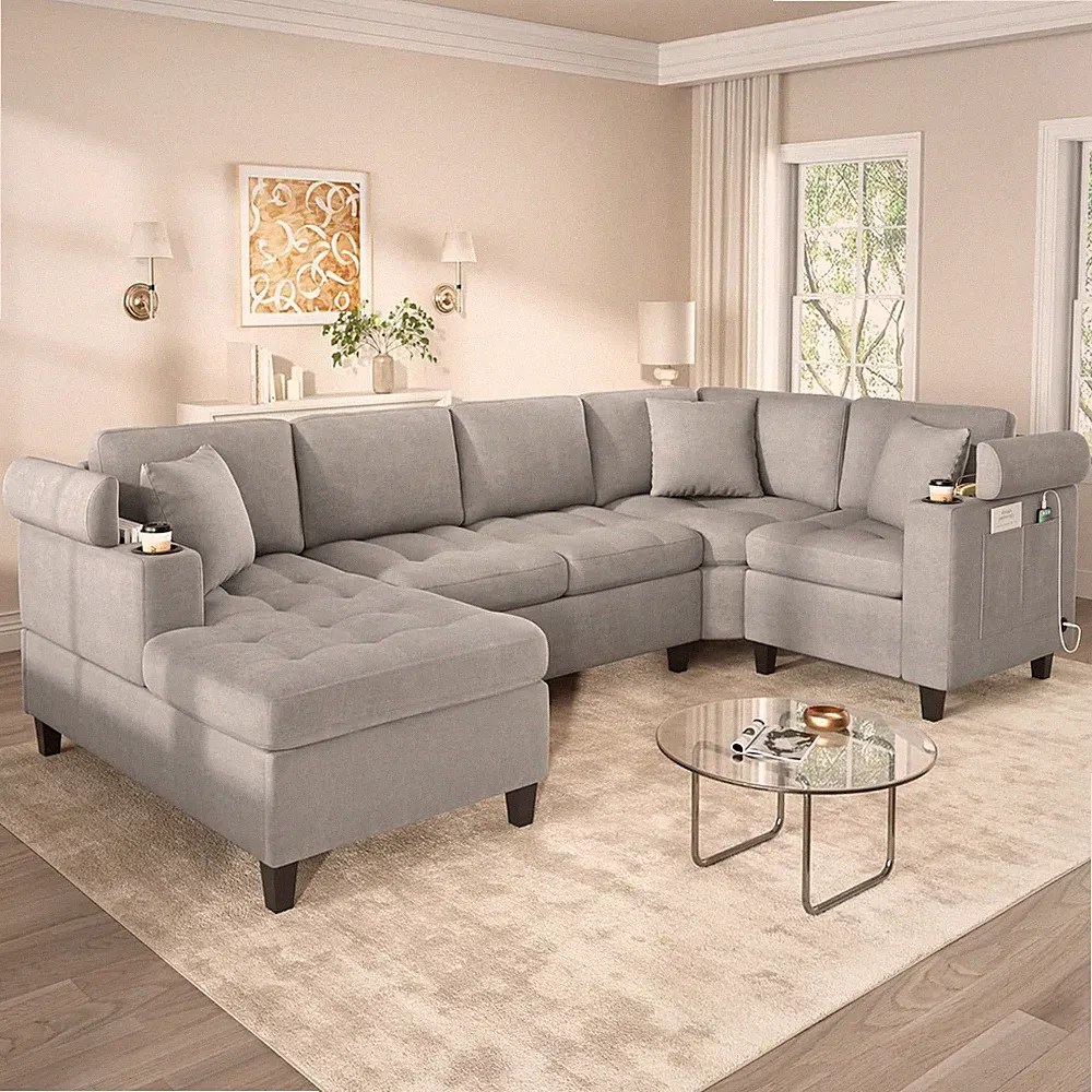 Oversized U-Shaped Tufted Sectional Sofa with Chaise, Cup Holders & USB Ports
