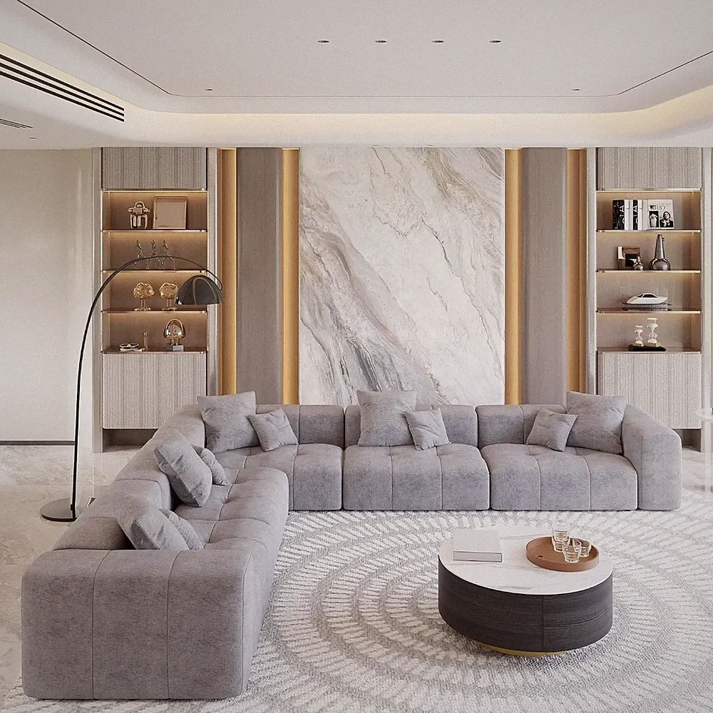 Oversized V Shaped Modular Sectional Sofa, 5-Seat Cloud Couch Breathable Linen F