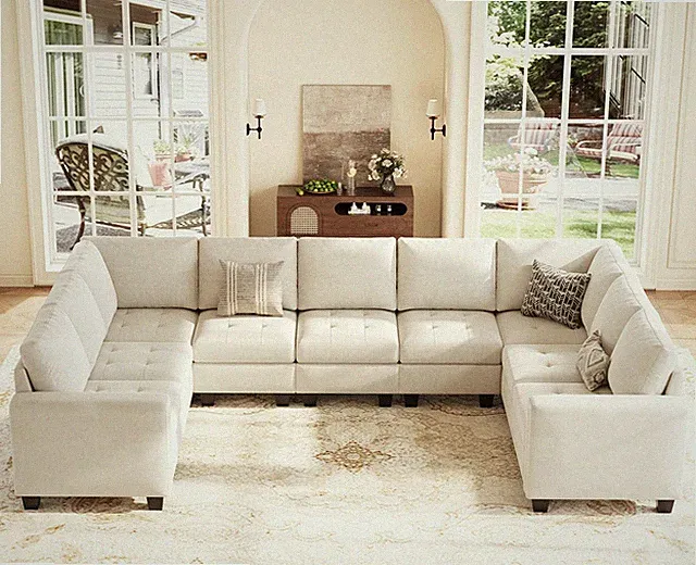 Oversized Velvet Modular 9 Seater U-Shape Sectional Sofa Couch Set Beige