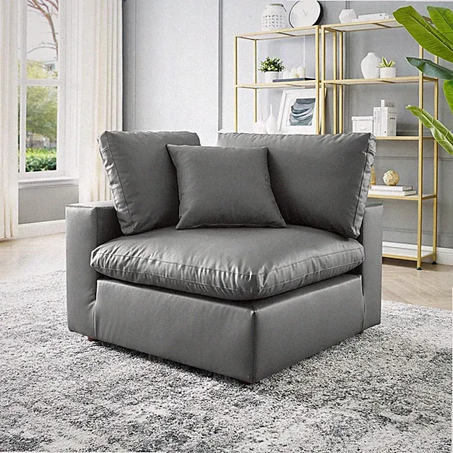 Overstuffed Gray Vegan Leather Corner Chair with Down Filling