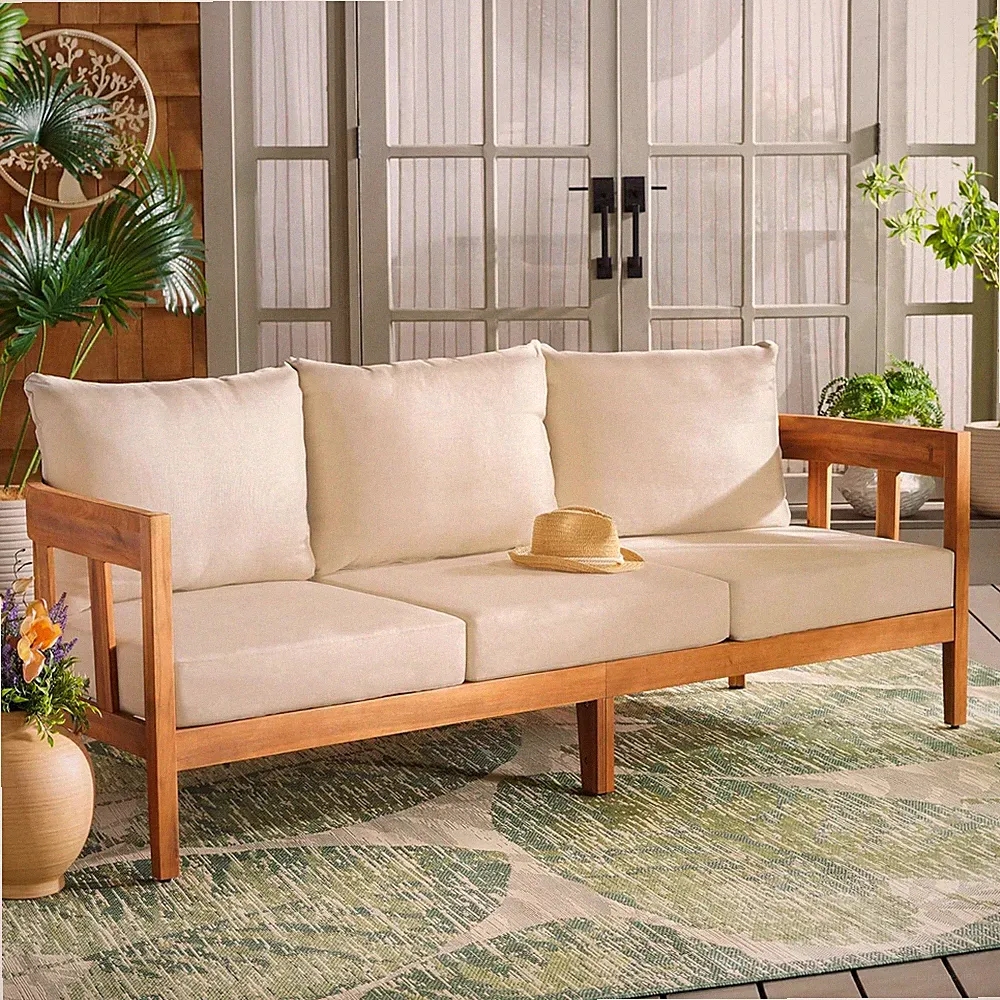 Owen Outdoor Teak 3-Seater Sofa with Taupe Cushions - Stylish Comfort