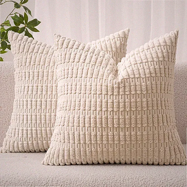 Pack of 2 Corduroy Decorative Throw Pillow Covers 18x18 Inch Soft Boho Striped P