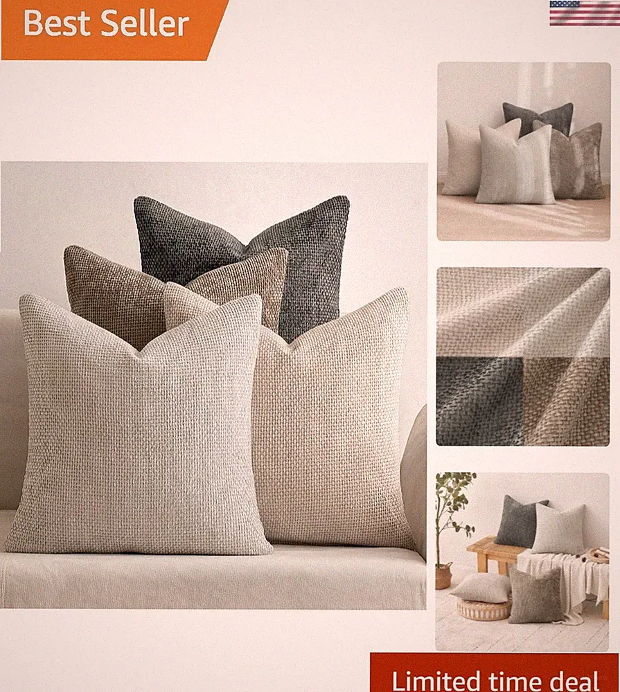 Pack of 4 Couch Throw Pillow Covers 18x18 Inch Neutral Soft Decorative Chenil...