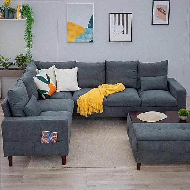 Panana 6 Seater L-Shaped Linen Fabric Sectional Sofa Couch Corner Sofa Seat