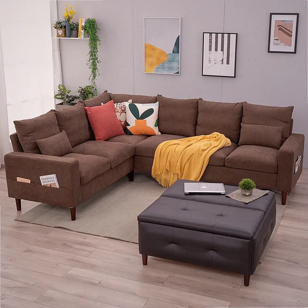 Panana Upholstered L-Shaped Sectional Corner Sofa Set with Storage Side Pockets