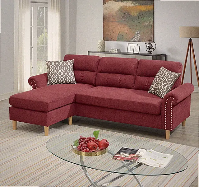 Paparika Red Color Polyfiber Reversible Sectional Sofa Set Chaise Pillows Plus
