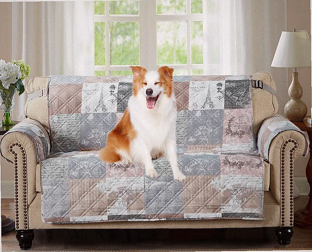 Paris and Toile Floral Patchwork Couch Cover Quilted Oversized Loveseat Slipc...