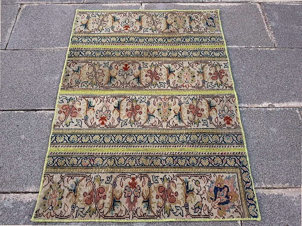 Patchwork Turkish Rug 2.3x3 ft Vintage Wool Beige Blue Floral Small Area Rug