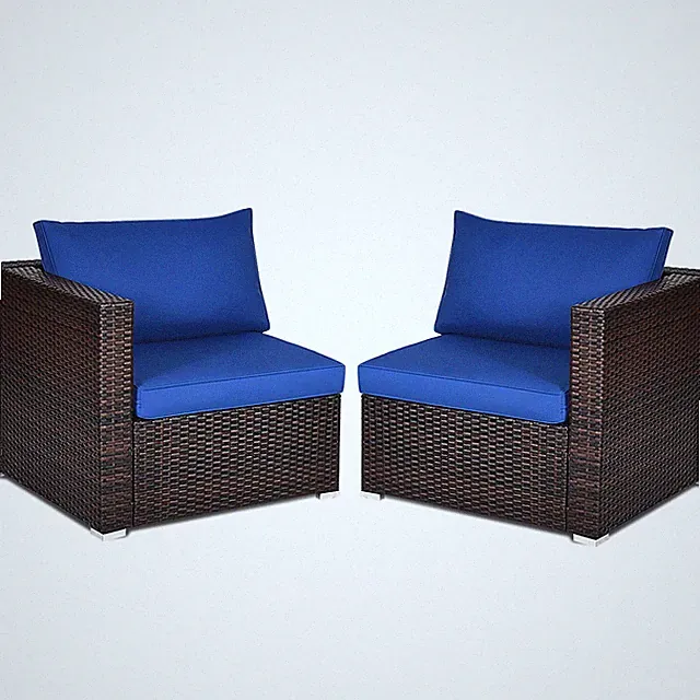 Patio 2PCS Rattan Corner Sofa Sectional Furniture Conversation Set Navy Cushion