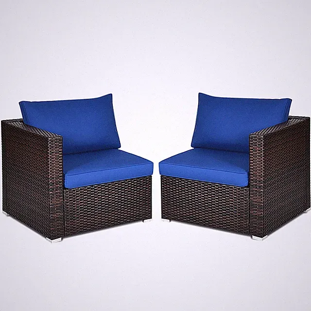 Patio 2PCS Rattan Corner Sofa Sectional Furniture Conversation Set Navy Cushion