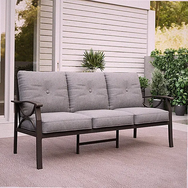 Patio 3 Seats Sofa, All-Weather Outdoor Couch, Patio Furniture Sofa,Khaki Metal