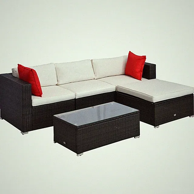 Patio 5-Piece Sectional Set with Ottoman PE Wicker 395lb Capacity Cream