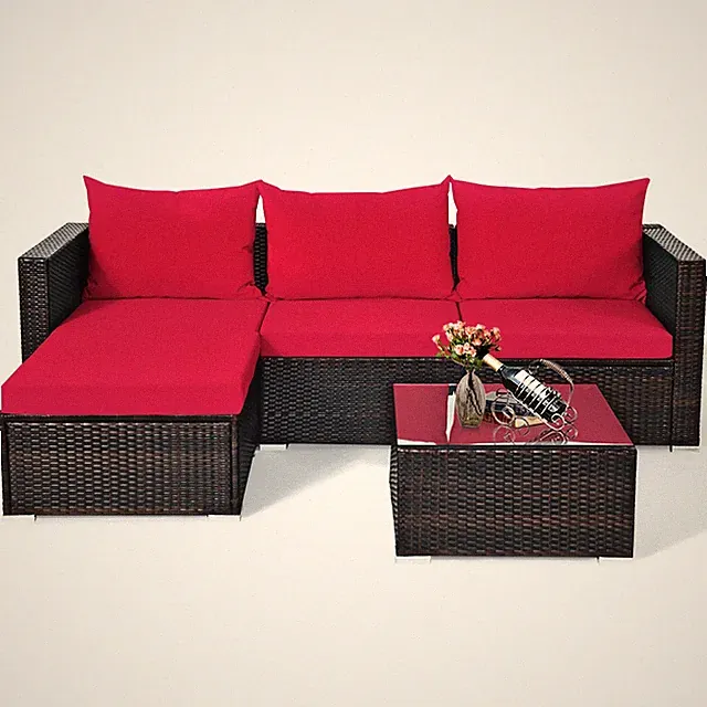 Patio 5PCS Rattan Cushioned Furniture Set Sectional Conversation Sofa W/ Table