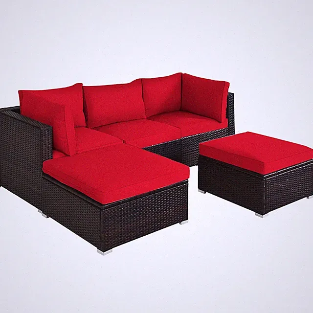 Patio 5PCS Rattan Furniture Set Sectional Conversation Sofa W/ Ottoman Table Red
