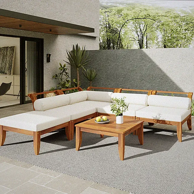 Patio 6pc Sofa Set,Modular L-Shaped (Convertible Daybed),Tea Table+Ottoman,Beige