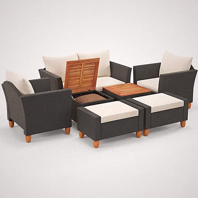 Patio 7 PCS Furniture Set w/ Loveseat Armchairs Ottomans & Storage Table