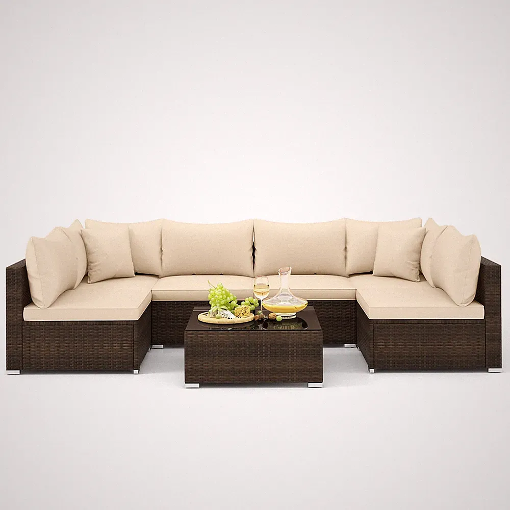 Patio 7 PCS Rattan Furniture Set Sectional Sofa Cushioned Garden Beige