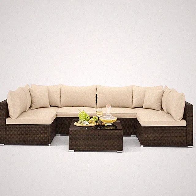 Patio 7 PCS Rattan Furniture Set Sectional Sofa Cushioned Garden Beige