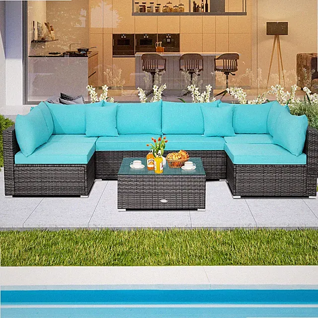 Patio 7PCS Rattan Furniture Set Sectional Sofa Garden Turquoise Cushion