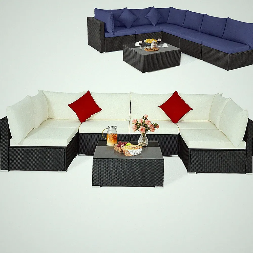 Patio 7PCS Rattan Furniture Set Sectional Sofas Off White & Navy Cushion Covers