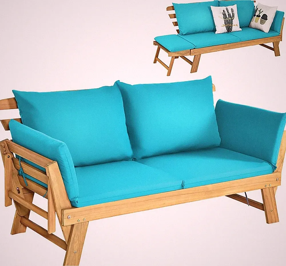Patio Convertible Couch Sofa Bed, Acacia Wood Daybed w/Adjustable