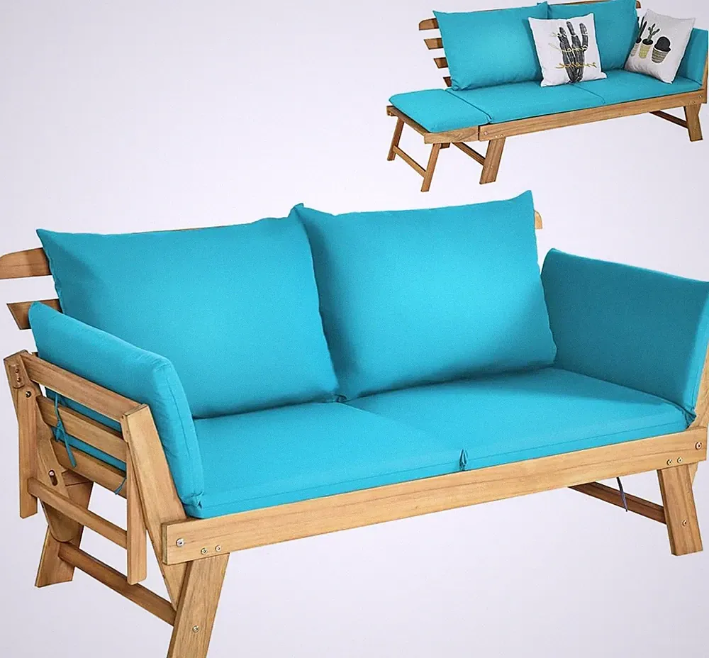 Patio Convertible Couch Sofa Bed Acacia Wood Daybed w/Adjustable Armrest