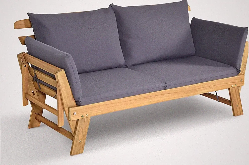 Patio Convertible Couch Sofa Bed Acacia Wood Daybed with Adjustable Armrest
