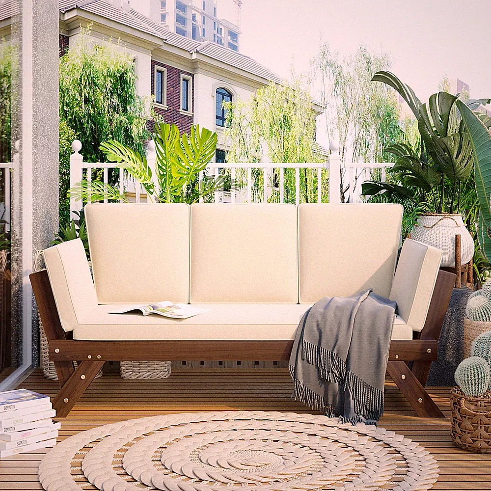 Patio Convertible Couch Sofa Bed with Adjustable Armrest, Folding Chaise Lounge