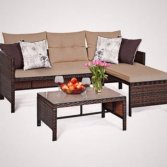 Patio Corner Sofa Set 3 Piece, Outdoor Rattan Sofa Set, Includes Lounge Chais...