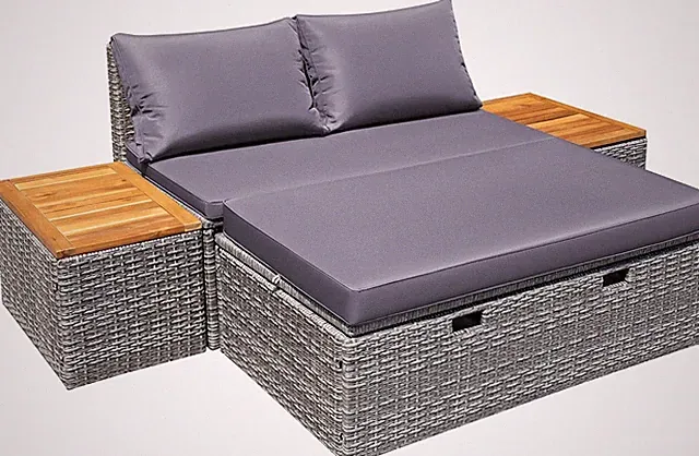 Patio Day Bed Rattan Lounge Bed W/ 2 Side Tables
