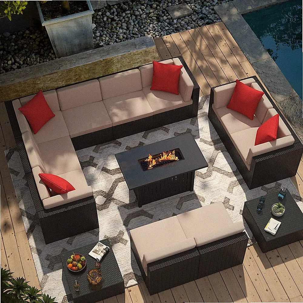 Patio Furniture 13-Pieces Outdoor PE Rattan Sectional Sofa W/43In Gas Fire Pit T