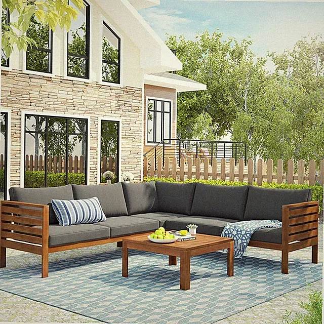 Patio Furniture 4 Pieces Conversation Sets, Acacia Wood Outdoor Sectional Furnit