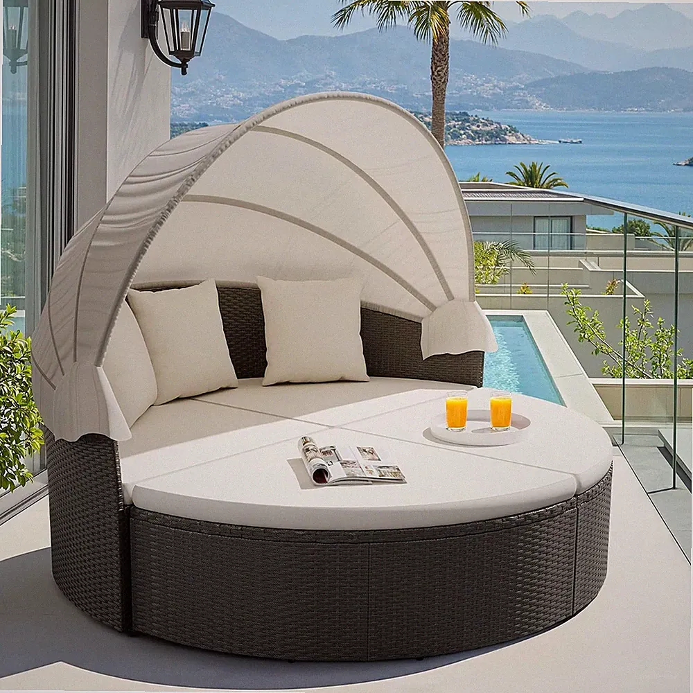 Patio Furniture Outdoor Round Daybed Sectional Sofa | with Retractable Canopy