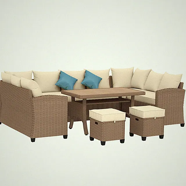 Patio Furniture Sectional Sofa w/ Ottomans & Table, Khaki