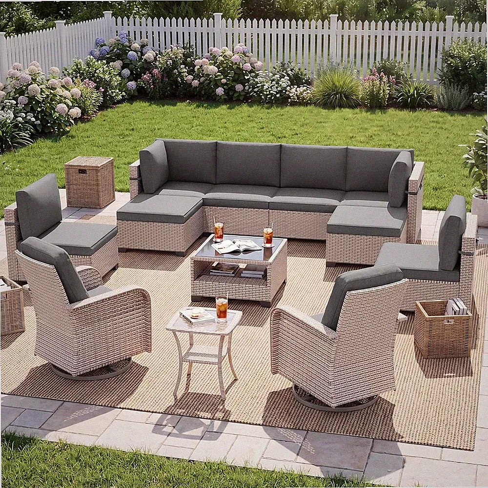 Patio Furniture Set, 12-Piece Outdoor Sectional Sofa with Swivel Rocker Chairs &