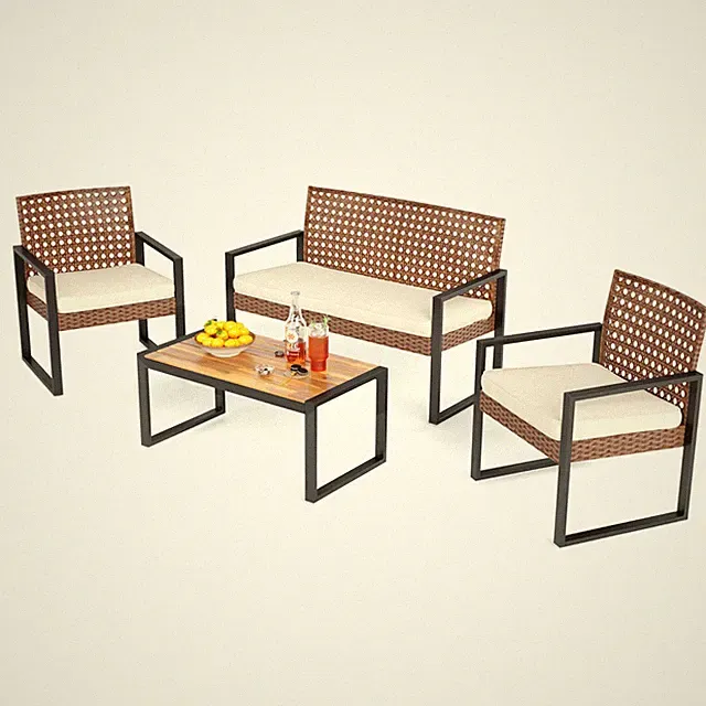 Patio Furniture Set 4 Piece Brown Wicker Beige Cushion Round Hole PHI VILLA