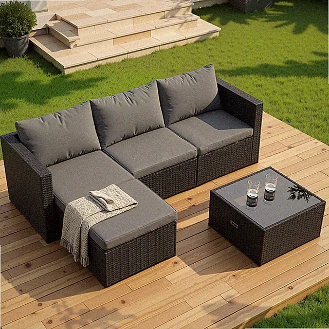 Patio Furniture Set 4 Piece Wicker Rattan Sofa Couch Cushions Gray Shintenchi