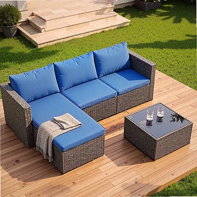 Patio Furniture Set 4 Pieces Sectional Sofa Chaise Lounge Wicker Blue Shintenchi