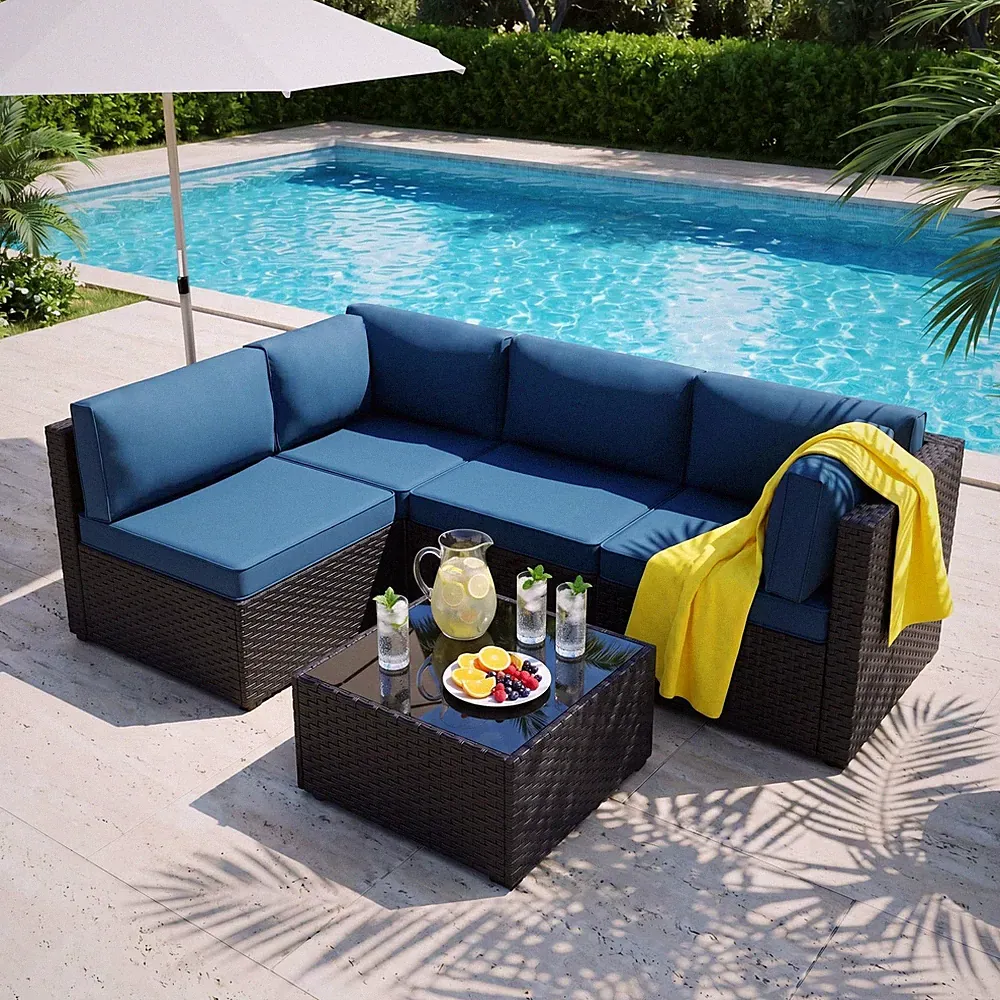 Patio Furniture Set 5 Pc Rattan Sectional Sofa Tea Table Black Aegean Blue Piece
