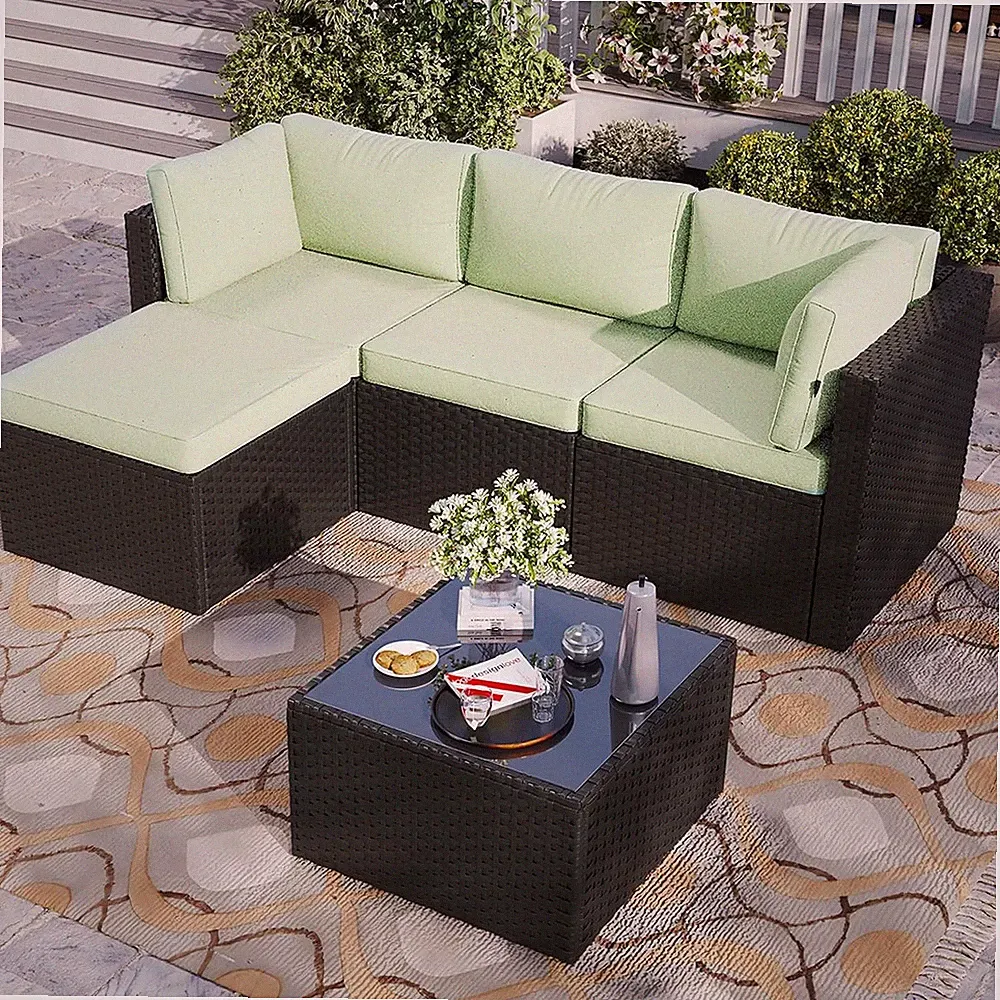 Patio Furniture Set 5-Piece Outdoor Sectional Sofas W/ Washable Cushion Wicker