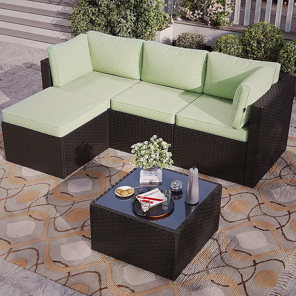 Patio Furniture Set 5-Piece Outdoor Sectional Sofas W/ Washable Cushion Wicker