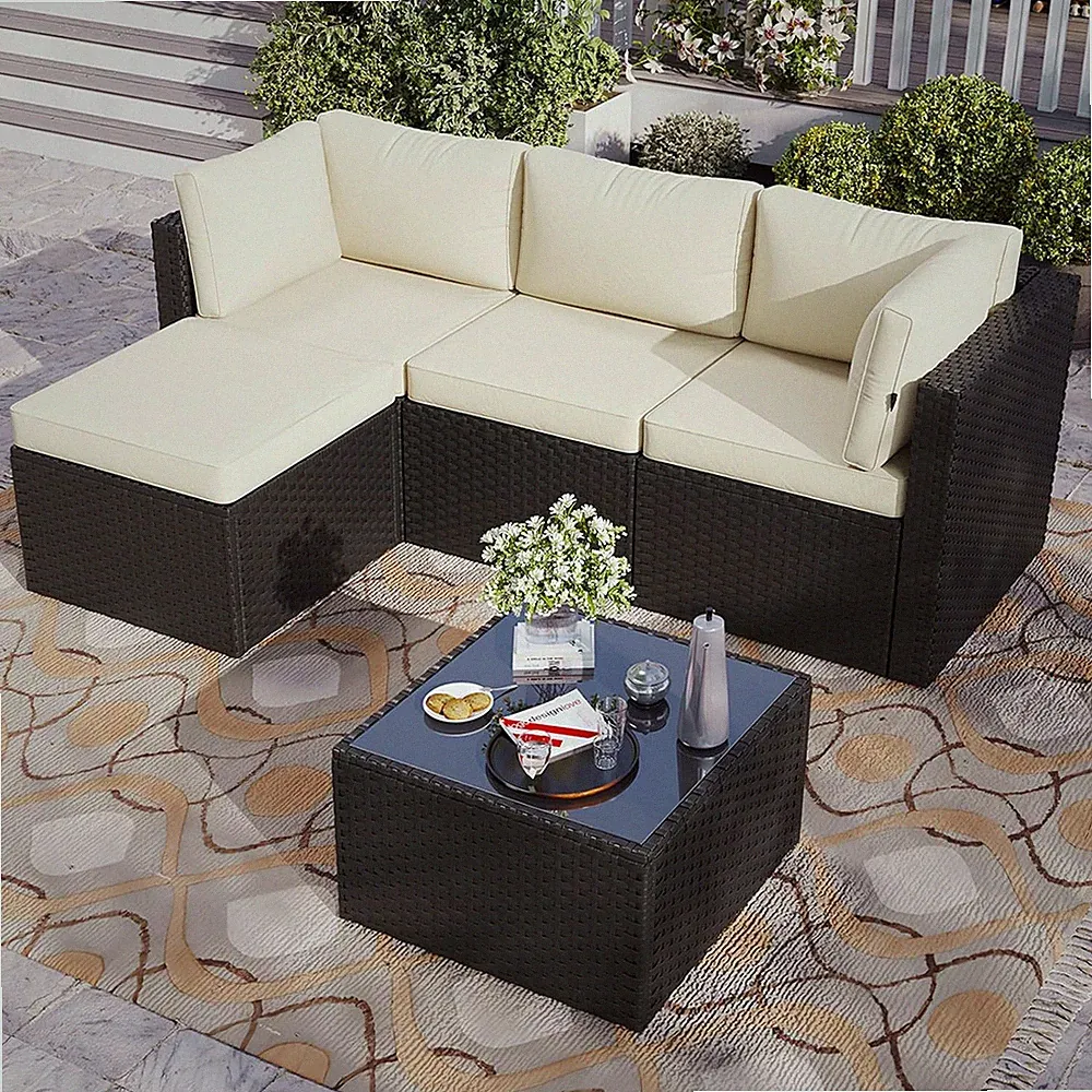 Patio Furniture Set 5-Piece, Outdoor Sectional Sofas with Washable Cushion, Wick