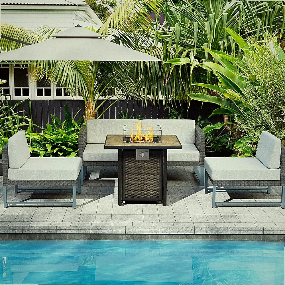 Patio Furniture Set 5Pcs Outdoor Furniture Sectional Couch Fire Pit Table Balcon