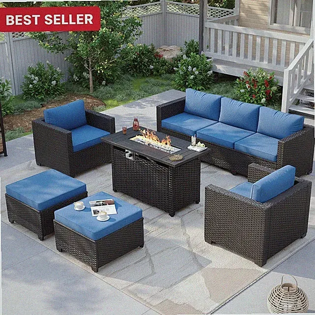 Patio Furniture Set 6 Pcs Fire Pit Table Rattan Sectional Sofa Cushions Water...