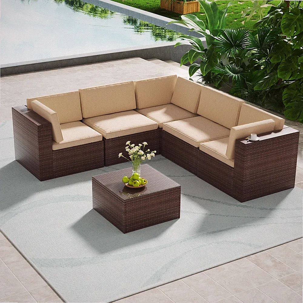 Patio Furniture Set 6 Pieces Outdoor Sectional High Backrest Patio Sofa