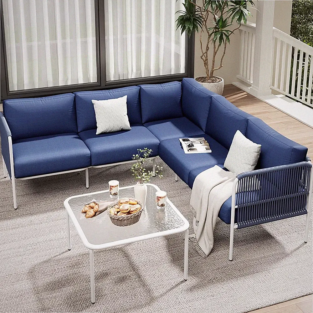 Patio Furniture Set, 6 Pieces Outdoor Sectional Sofa Set, L-Shaped Metal Patio C