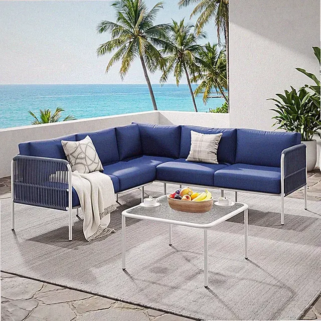 Patio Furniture Set, 6 Pieces Outdoor Sectional Sofa Set, L-Shaped Metal Patio C
