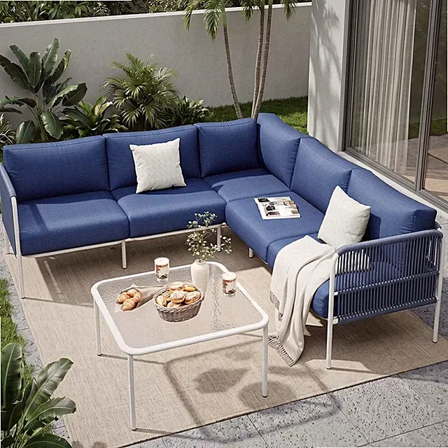 Patio Furniture Set, 6 Pieces Outdoor Sectional Sofa Set, L-Shaped Metal Patio C