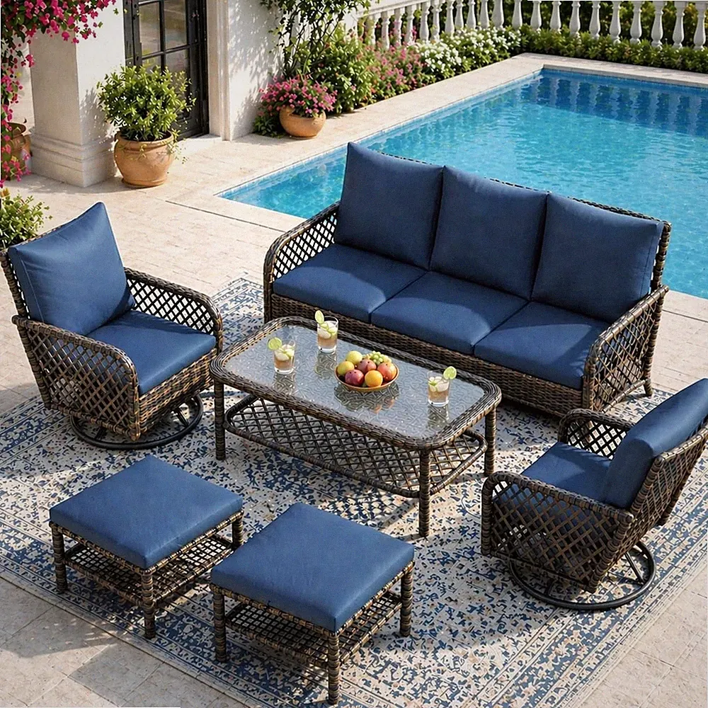 Patio Furniture Set 6PCS PE Brown Wicker Sofa & Swivel Rocker Chairs