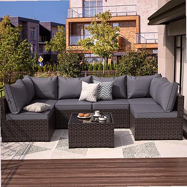 Patio Furniture Set 7 PCS Outdoor Couch with Glass Table Wicker Patio Sofa Set